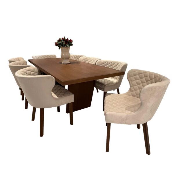 COMEDOR RECTANGULAR DE MADERA, 8 POLTRONAS (MNEMESAPREACH/MNESILLAPOLTRO-CREMA)